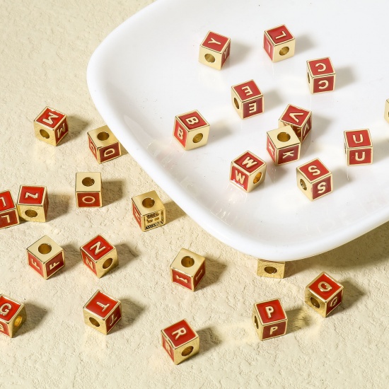 Picture of Brass Simple Beads For DIY Charm Jewelry Making 18K Real Gold Plated Multicolor Cube Initial Alphabet/ Capital Letter Enamel Message " A-Z "                                                                                                                  