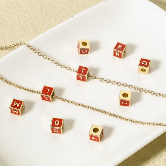 Picture of Brass Simple Beads For DIY Charm Jewelry Making 18K Real Gold Plated Multicolor Cube Initial Alphabet/ Capital Letter Enamel Message " A-Z "                                                                                                                  