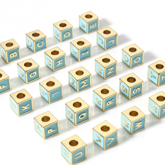 Image de Perles pour DIY Fabrication de Bijoux Simple en Laiton Plaqué Or Véritable 18K Multicolore Cube Alphabet Initial/ Lettre Majuscule Émail Mots" A-Z " 1 Pièce