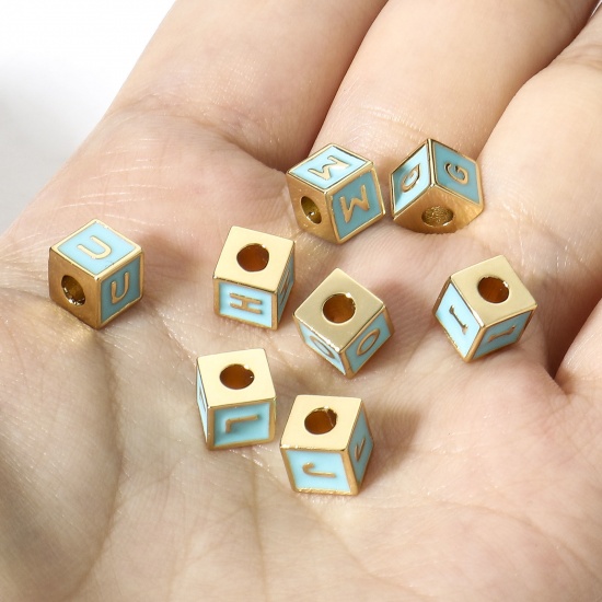 Image de Perles pour DIY Fabrication de Bijoux Simple en Laiton Plaqué Or Véritable 18K Multicolore Cube Alphabet Initial/ Lettre Majuscule Émail Mots" A-Z " 1 Pièce