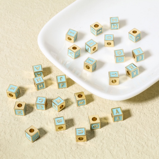 Image de Perles pour DIY Fabrication de Bijoux Simple en Laiton Plaqué Or Véritable 18K Multicolore Cube Alphabet Initial/ Lettre Majuscule Émail Mots" A-Z " 1 Pièce