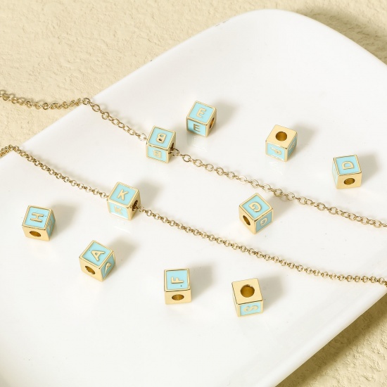 Image de Perles pour DIY Fabrication de Bijoux Simple en Laiton Plaqué Or Véritable 18K Multicolore Cube Alphabet Initial/ Lettre Majuscule Émail Mots" A-Z " 1 Pièce