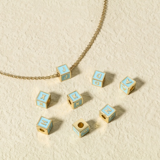 Image de Perles pour DIY Fabrication de Bijoux Simple en Laiton Plaqué Or Véritable 18K Multicolore Cube Alphabet Initial/ Lettre Majuscule Émail Mots" A-Z " 1 Pièce