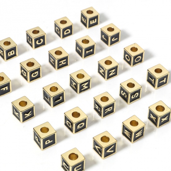 Image de Perles pour DIY Fabrication de Bijoux Simple en Laiton Plaqué Or Véritable 18K Multicolore Cube Alphabet Initial/ Lettre Majuscule Émail Mots" A-Z " 1 Pièce