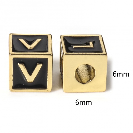 Image de Perles pour DIY Fabrication de Bijoux Simple en Laiton Plaqué Or Véritable 18K Multicolore Cube Alphabet Initial/ Lettre Majuscule Émail Mots" A-Z " 1 Pièce