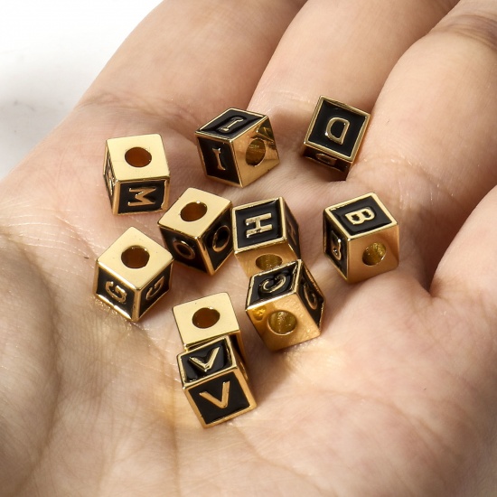 Image de Perles pour DIY Fabrication de Bijoux Simple en Laiton Plaqué Or Véritable 18K Multicolore Cube Alphabet Initial/ Lettre Majuscule Émail Mots" A-Z " 1 Pièce
