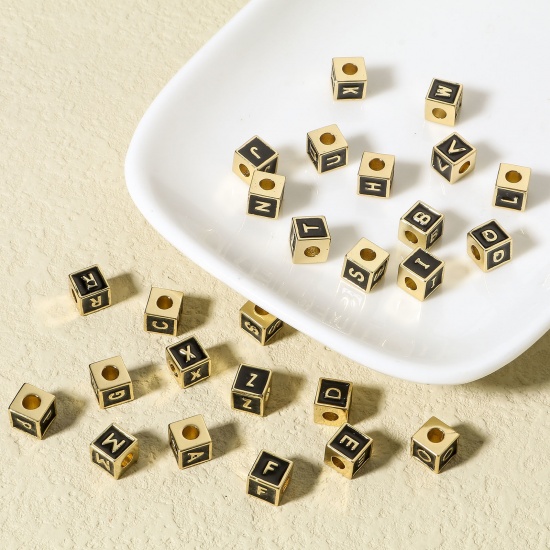 Image de Perles pour DIY Fabrication de Bijoux Simple en Laiton Plaqué Or Véritable 18K Multicolore Cube Alphabet Initial/ Lettre Majuscule Émail Mots" A-Z " 1 Pièce