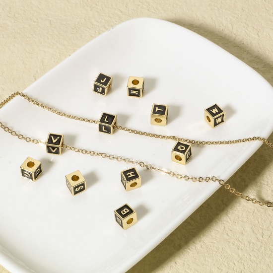 Image de Perles pour DIY Fabrication de Bijoux Simple en Laiton Plaqué Or Véritable 18K Multicolore Cube Alphabet Initial/ Lettre Majuscule Émail Mots" A-Z " 1 Pièce