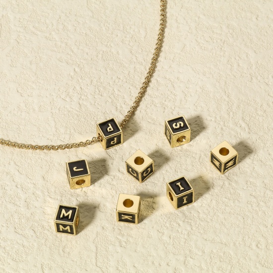 Image de Perles pour DIY Fabrication de Bijoux Simple en Laiton Plaqué Or Véritable 18K Multicolore Cube Alphabet Initial/ Lettre Majuscule Émail Mots" A-Z " 1 Pièce