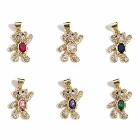 Latón Micro Pave Colgantes Charms Oso 18K Oro Real Chapado Claro Circón Artificial Multicolor Rhinestone 24.5mm x 12mm, 1 Unidad