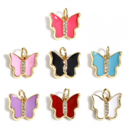 Ottone Insetto Charms Farfalla 18K Vero Oro Placcato Multicolore Smalto Trasparente Cubic Zirconiae 12mm x 10.5mm, 1 Pz