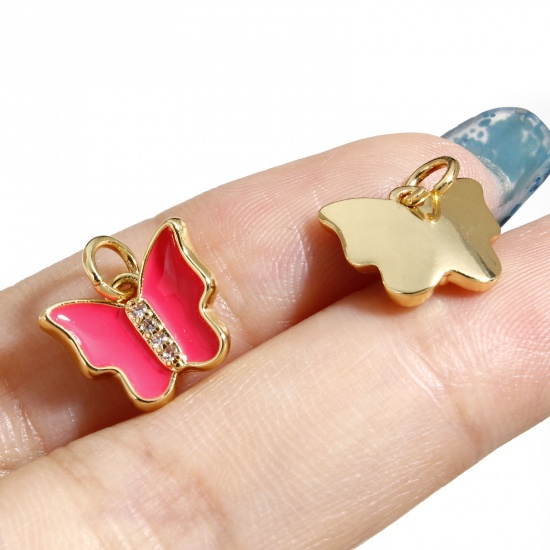 Image de Breloques Insecte en Laiton Papillon Plaqué Or Véritable 18K Multicolore Émail à Zircone Cubique Clair 12mm x 10.5mm, 1 Pièce