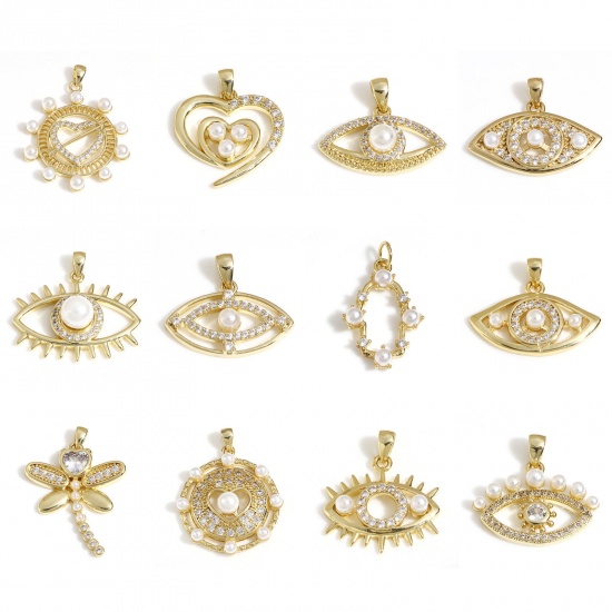 Imagen de Latón Colgantes Charms Ojo 18K Oro Real Chapado Corazón Acrílico Imitación de Perla Claro Circón Artificial 1 Unidad