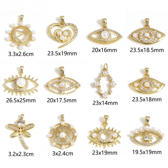 Imagen de Latón Colgantes Charms Ojo 18K Oro Real Chapado Corazón Acrílico Imitación de Perla Claro Circón Artificial 1 Unidad