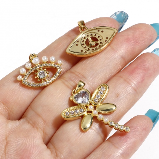 Imagen de Latón Colgantes Charms Ojo 18K Oro Real Chapado Corazón Acrílico Imitación de Perla Claro Circón Artificial 1 Unidad