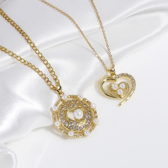 Imagen de Latón Colgantes Charms Ojo 18K Oro Real Chapado Corazón Acrílico Imitación de Perla Claro Circón Artificial 1 Unidad