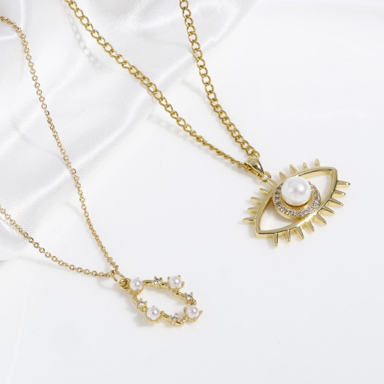 Imagen de Latón Colgantes Charms Ojo 18K Oro Real Chapado Corazón Acrílico Imitación de Perla Claro Circón Artificial 1 Unidad