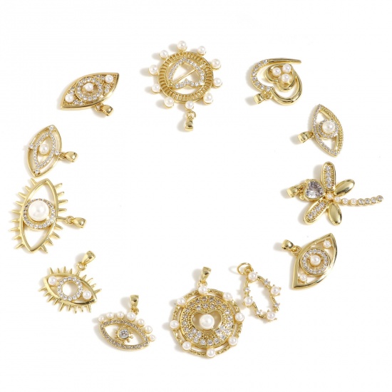 Imagen de Latón Colgantes Charms Ojo 18K Oro Real Chapado Corazón Acrílico Imitación de Perla Claro Circón Artificial 1 Unidad