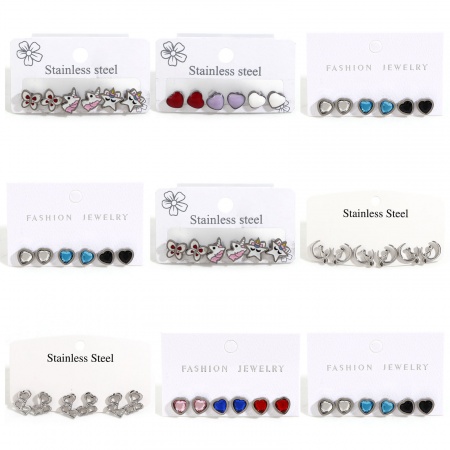 304 Stainless Steel Stylish Ear Post Stud Earrings Set Silver Tone Enamel Multicolor Rhinestone