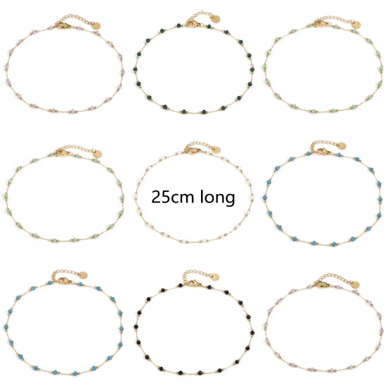 Picture of Stainless Steel & Glass Handmade Link Chain Beaded Anklet Gold Plated Multicolor 25cm(9 7/8") long