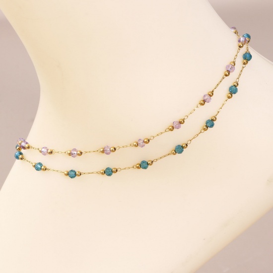 Picture of Stainless Steel & Glass Handmade Link Chain Beaded Anklet Gold Plated Multicolor 25cm(9 7/8") long