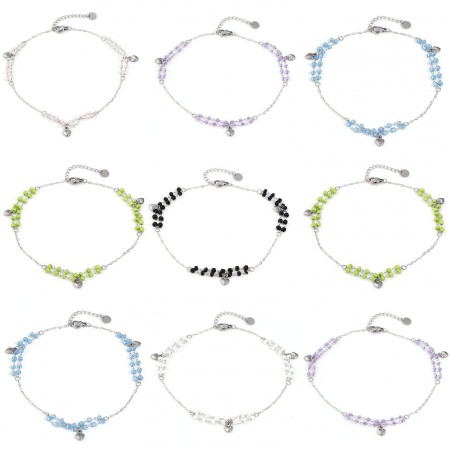 1 Strang Edelstahl & Glas Doppelschicht Handgefertigte Gliederkette Perlen Fußkettchen Silberfarbe Bunt Herz 25cm lang