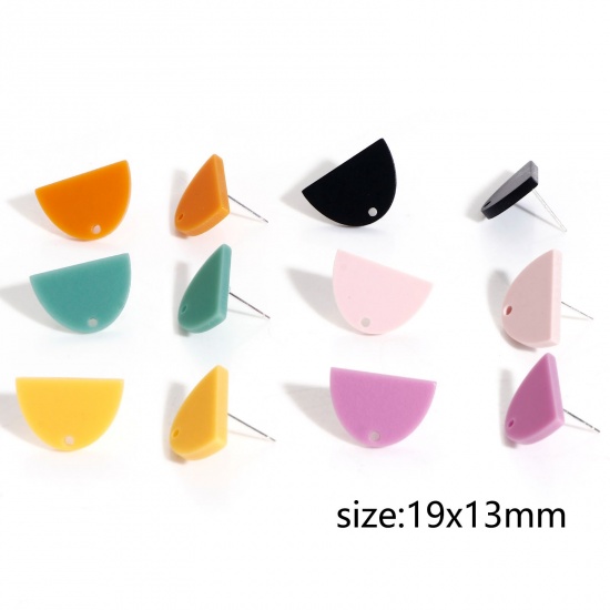 Picture of Acrylic Ear Post Stud Earring With Loop Connector Accessories Findings Half Ellipse Multicolor Frosted 19mm x 13mm