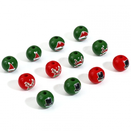 Natural Wood Spacer Beads For DIY Jewelry Making Round Multicolor Christmas Hats About 16mm Dia.