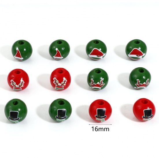 Picture of Wood Spacer Beads For DIY Charm Jewelry Making Round Multicolor Christmas Hats About 16mm Dia.