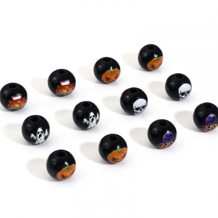 Natural Wood Spacer Beads For DIY Jewelry Making Round Black Halloween Pumpkin About 16mm Dia.