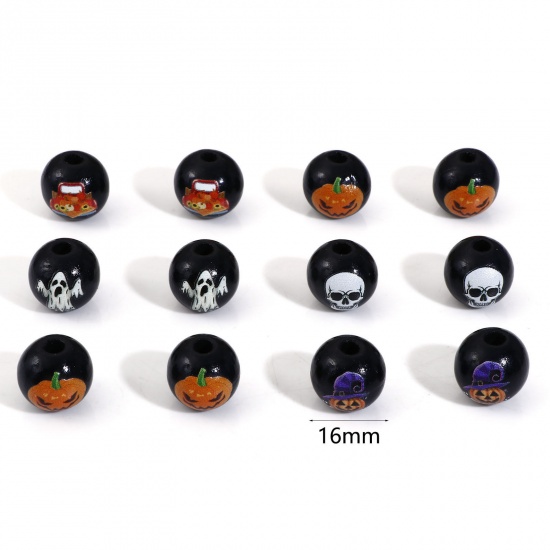 Picture of Wood Spacer Beads For DIY Charm Jewelry Making Round Black Halloween Pumpkin About 16mm Dia.