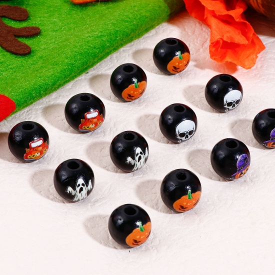 Immagine di Legno Separatori Perline per la Creazione di Gioielli con Ciondoli Fai-da-te Tondo Nero Halloween Zucca Disegno Circa: 16mm Dia, Foro: Circa 3.6mm, 20 Pz