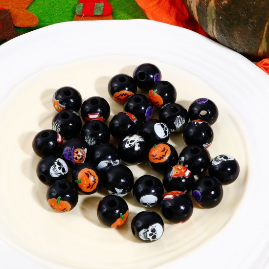 Immagine di Legno Separatori Perline per la Creazione di Gioielli con Ciondoli Fai-da-te Tondo Nero Halloween Zucca Disegno Circa: 16mm Dia, Foro: Circa 3.6mm, 20 Pz