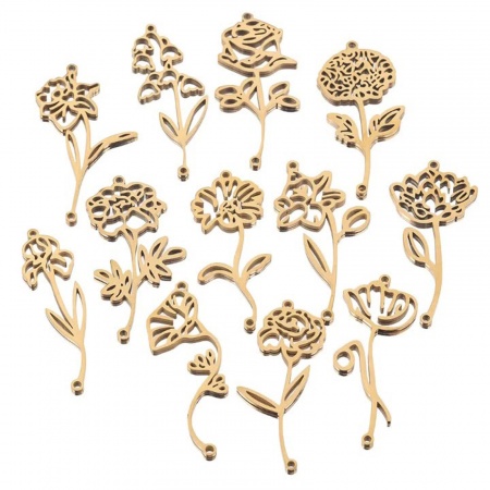 304 Stainless Steel Birth Month Flower Connectors Charms Pendants