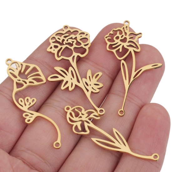 Picture of 304 Stainless Steel Birth Month Flower Connectors Charms Pendants