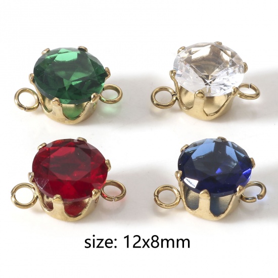 Picture of 2 PCs Vacuum Plating 304 Stainless Steel & Cubic Zirconia Connectors Charms Pendants 18K Gold Plated Round 12mm x 8mm