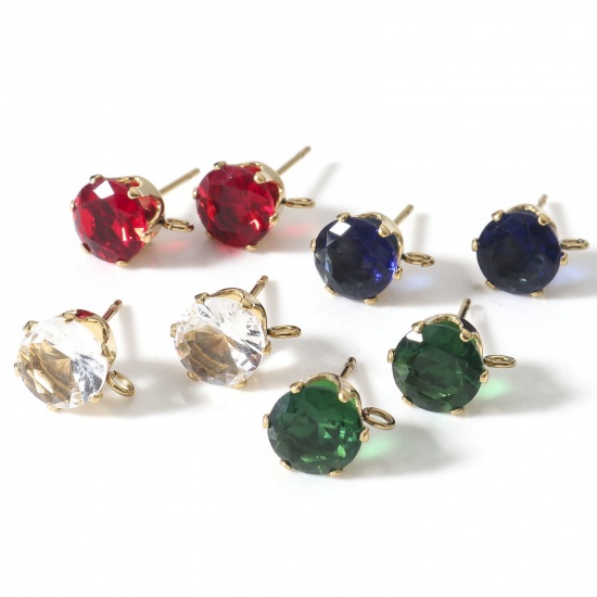 Picture of 304 Stainless Steel & Cubic Zirconia Ear Post Stud Earring With Loop Connector Accessories Round 18K Gold Plated Multicolor 11mm x 8mm