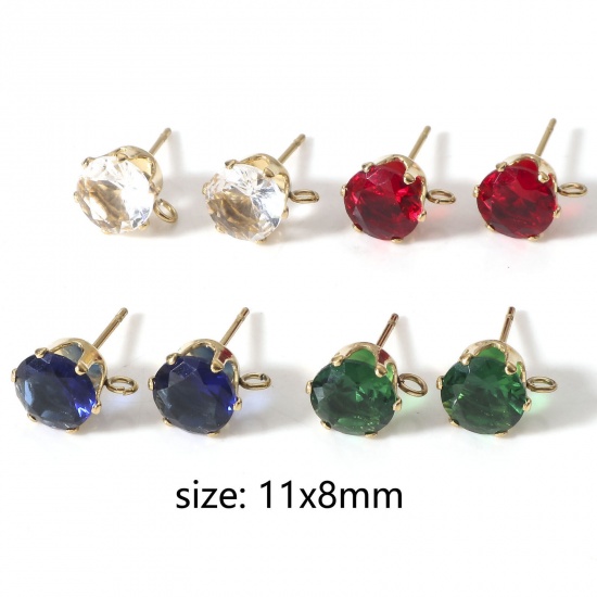 Picture of 304 Stainless Steel & Cubic Zirconia Ear Post Stud Earring With Loop Connector Accessories Round 18K Gold Plated Multicolor 11mm x 8mm