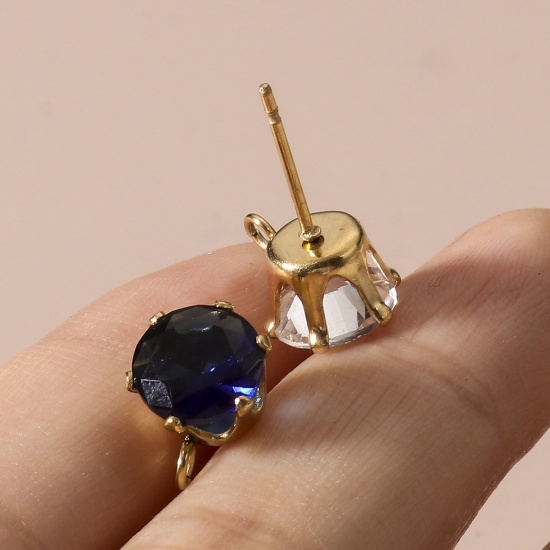 Picture of 304 Stainless Steel & Cubic Zirconia Ear Post Stud Earring With Loop Connector Accessories Round 18K Gold Plated Multicolor 11mm x 8mm
