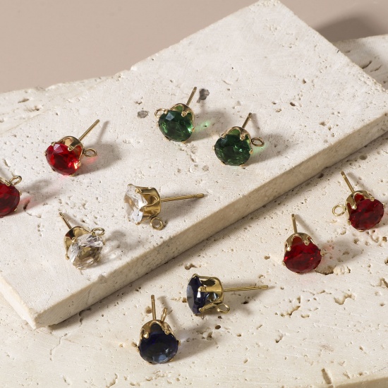 Picture of 304 Stainless Steel & Cubic Zirconia Ear Post Stud Earring With Loop Connector Accessories Round 18K Gold Plated Multicolor 11mm x 8mm