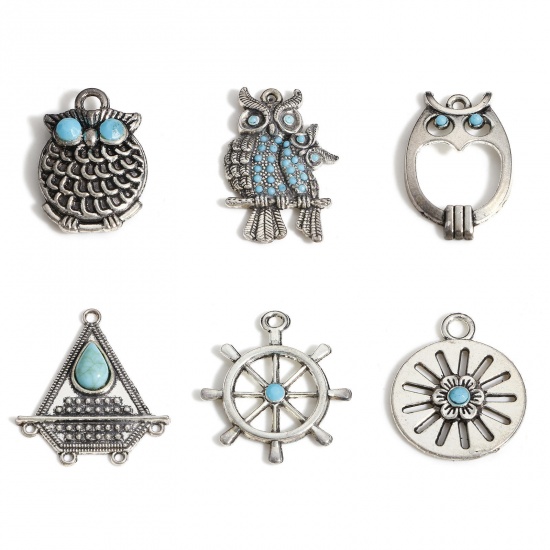 Picture of Zinc Based Alloy Charms Antique Silver Color Green Blue Owl Animal With Resin Cabochons Imitation Turquoise