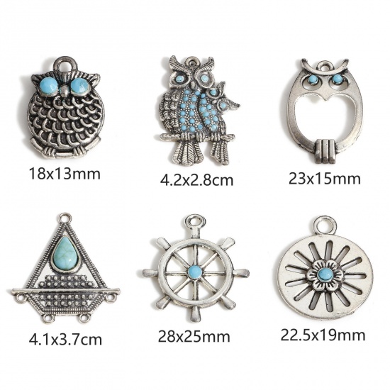 Picture of Zinc Based Alloy Charms Antique Silver Color Green Blue Owl Animal With Resin Cabochons Imitation Turquoise