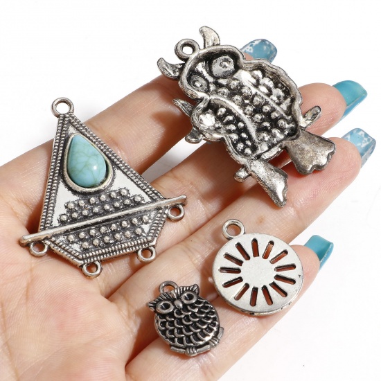 Picture of Zinc Based Alloy Charms Antique Silver Color Green Blue Owl Animal With Resin Cabochons Imitation Turquoise