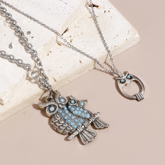 Picture of Zinc Based Alloy Charms Antique Silver Color Green Blue Owl Animal With Resin Cabochons Imitation Turquoise