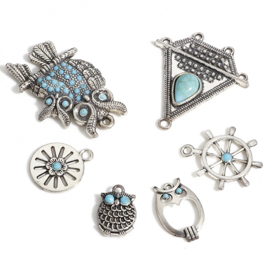 Picture of Zinc Based Alloy Charms Antique Silver Color Green Blue Owl Animal With Resin Cabochons Imitation Turquoise