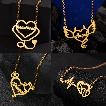 304 Stainless Steel Customized Name Necklace Personalized Letter Charm Pendant Heart 45cm(17.7") long
