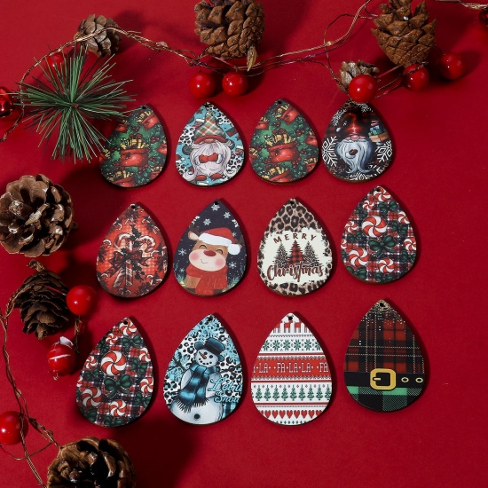 ウッド クリスマス ペンダント 多色 滴 ドロップ 5.4cm x 3.7cm、 10 個 の画像