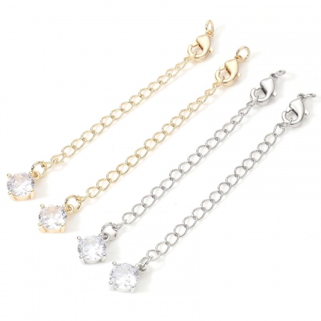 Brass Extender Chain Real Gold Plated With Lobster Claw Clasp Clear Cubic Zirconia 7cm(2 6/8") long