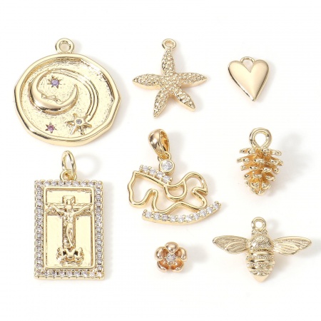 Brass Charms 18K Real Gold Plated 3D Clear Cubic Zirconia