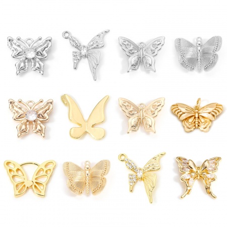 Breloques Insecte en Laiton Papillon Plaqué Or Véritable à Zircone Cubique Clair 14mm x 13mm, 2 Pcs